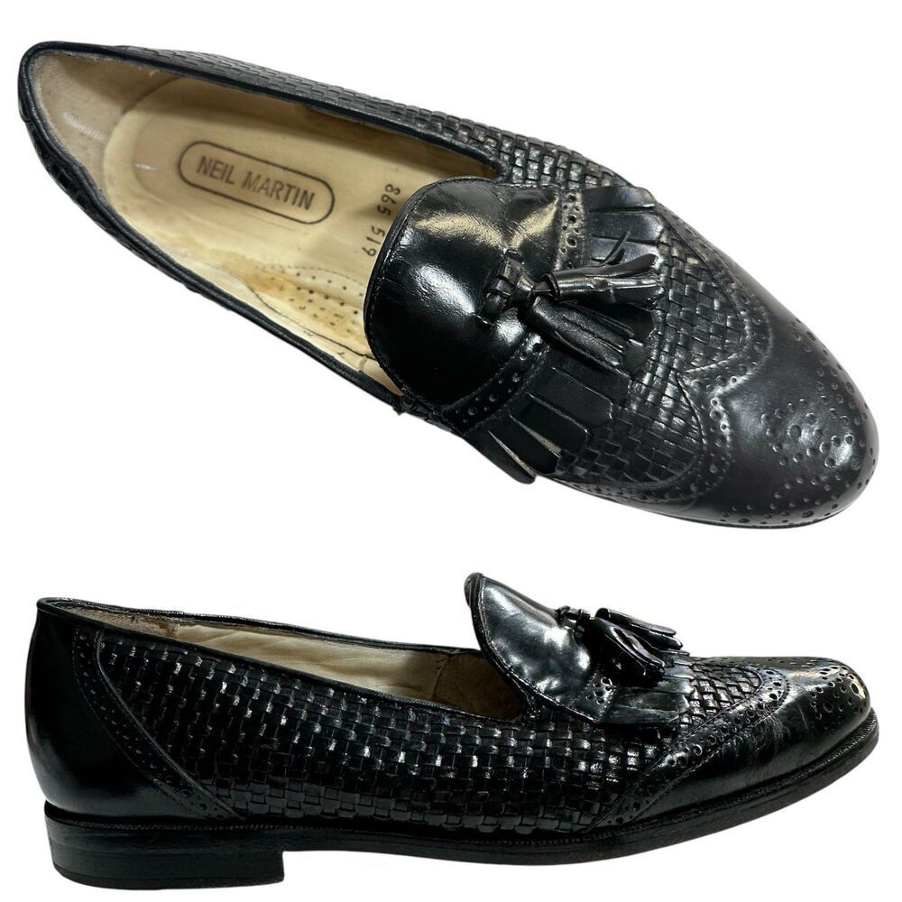 Neil Martin Black Woven Leather Tassel Loafers Mens 9 Kiltie Wingtip Brogue VTG